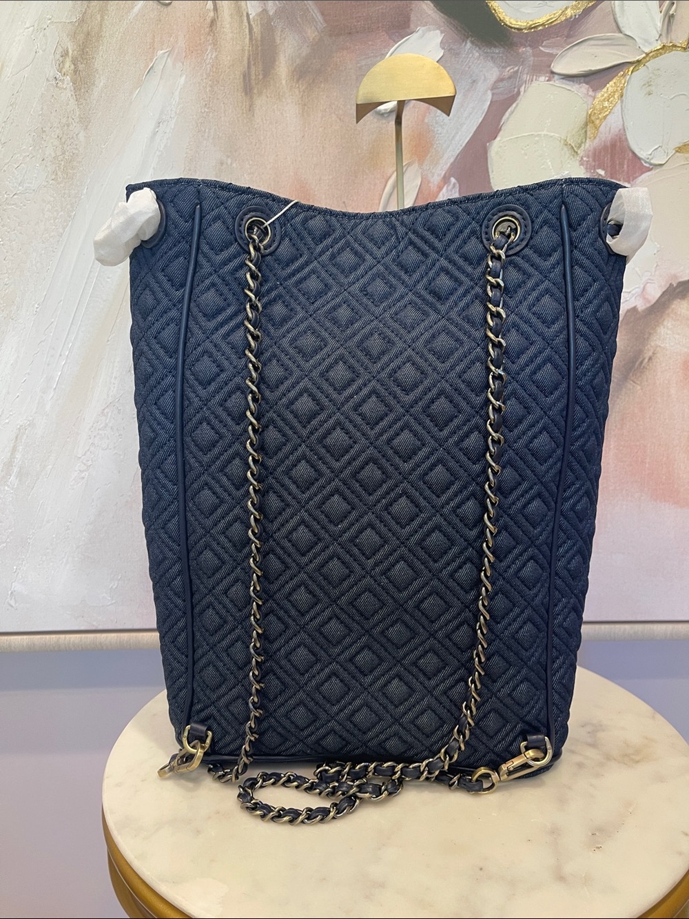NWT Tory Burch Fleming Denim Quilted Navy Large Backpack with Chain - Picture 5 of 7